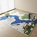 Modern Square Rug with Blue Green Patterns on Wooden Floor and Window Blinds