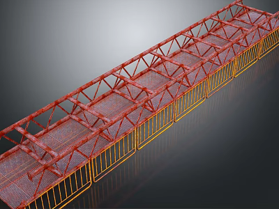 Red Metal Frame Bridge Structure With Yellow Railings And Grid Floor 3d model