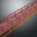 Red Metal Frame Bridge Structure With Yellow Railings And Grid Floor 3d model