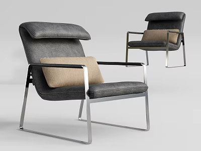 Comfortable Modern Leisure Chair Gray Leather Upholstery Metal Frame Beige Cushion 3d model