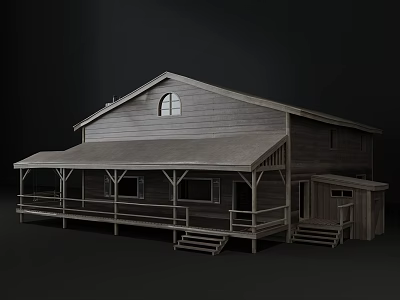 Rustic Two Story Wooden Cabin With Front Porch Stairs And Window Details 3d model