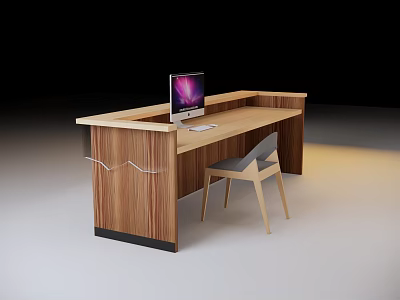 Modern Light Wood Reception Desk With Computer Monitor And Accompanying Chair 3d model