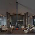 Elegant Spacious Modern Hotel Lobby With Central Hanging Fireplace And Cozy Wooden Lounge Furnishings