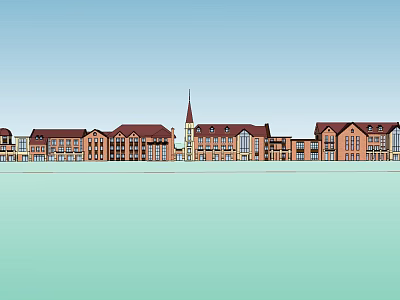 Row of Red Brick Buildings With Church Spire and Traditional Design 3d model