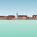 Row of Red Brick Buildings With Church Spire and Traditional Design