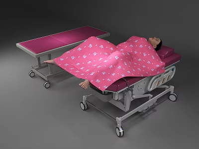 Pink Medical Bed with Mobile Cart and White Patterned Blanket for Patient Care 3d model