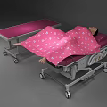 Pink Medical Bed with Mobile Cart and White Patterned Blanket for Patient Care