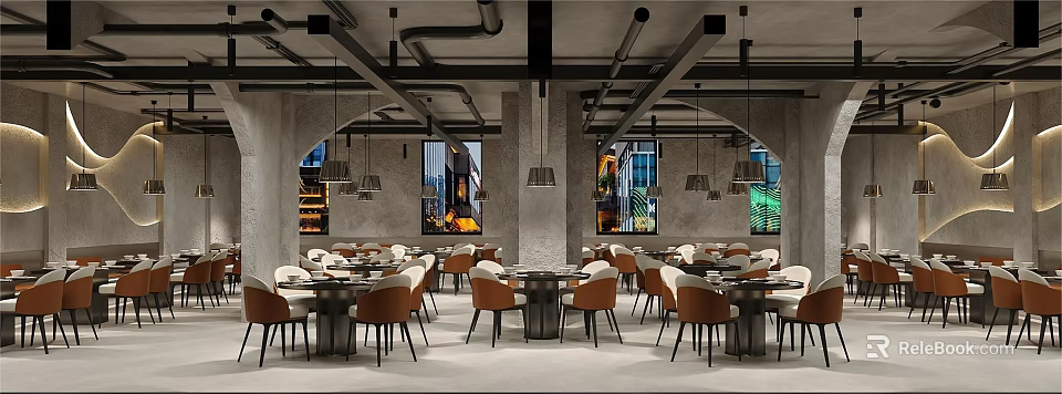 Modern Industrial Hot Pot Restaurant Interior With Arched Windows Hanging Pendant Lights Tables And Chairs 3d model 