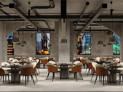 Modern Industrial Hot Pot Restaurant Interior With Arched Windows Hanging Pendant Lights Tables And Chairs 3d model