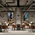 Modern Industrial Hot Pot Restaurant Interior With Arched Windows Hanging Pendant Lights Tables And Chairs