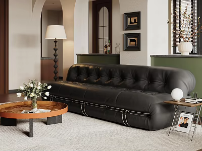 Vintage Black Leather Sofa And Round Wood Coffee Table Set For Cozy Retro Living Room 3d model