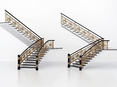 Elegant Modern Staircase With Gold Decorative Railings 3d model