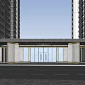 Modern Residential Entrance With High rise Buildings Glass Door Trees And Vehicles