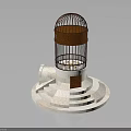 Bird in Rustic Brown Metal Birdcage on White Pedestal with Steps and Panel