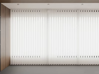 White Vertical Blinds In Modern Indoor Setting With Wooden Wall And Ceiling Lights 3d model