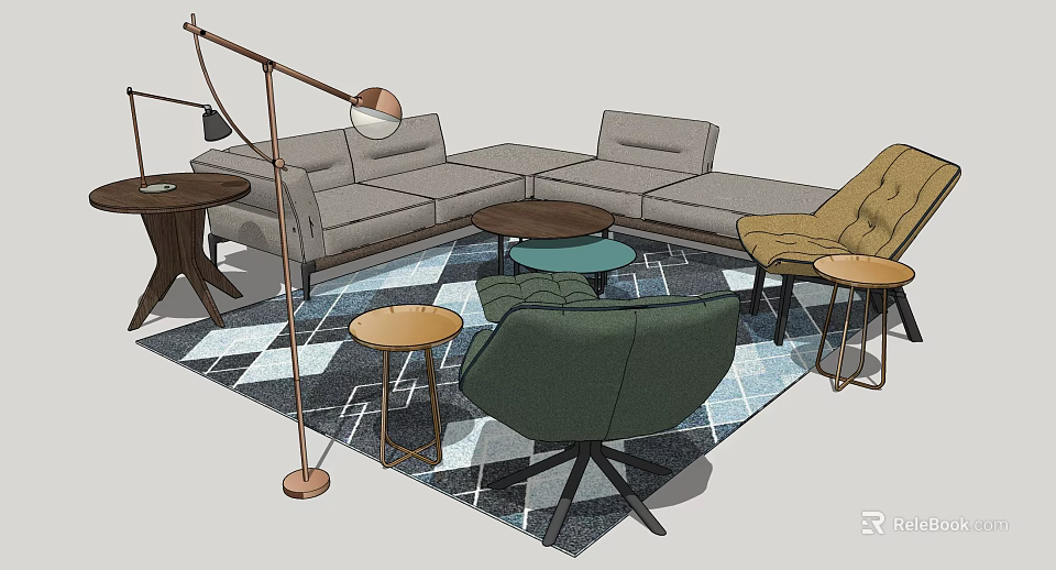 Modern Sectional Sofa With Coffee Tables Green Armchair Floor Lamp And Geometric Rug 3d model 