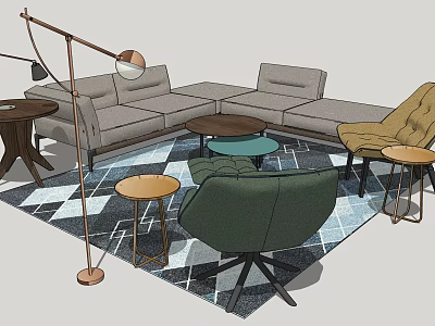 Modern Sectional Sofa With Coffee Tables Green Armchair Floor Lamp And Geometric Rug 3d model