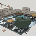 Modern Sectional Sofa With Coffee Tables Green Armchair Floor Lamp And Geometric Rug