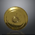 Ancient Golden Circular Shield With Decorations And Worn Marks On Gray Background