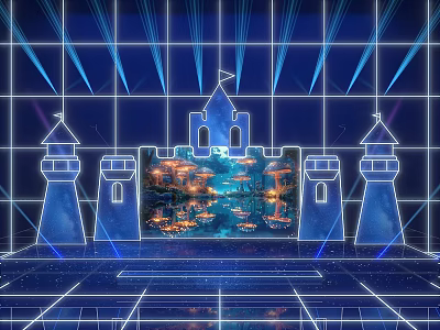 Castle Shaped Stage With Blue Lighting Grid Background And Mirrored Floor Design 3d model