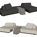 Sectional Sofa in Dark Gray and Light Beige with Pillows and Checkered Blanket 3d model