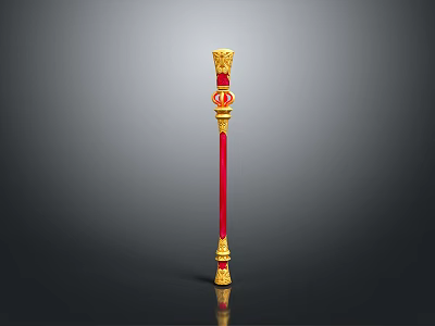 Ornate Red and Gold Staff Weapon with Decorative Top and Intricate Design 3d model
