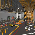 Modern Gym Fitness Area With Workout Gear Geometric Ceiling Lights And Marked Floor