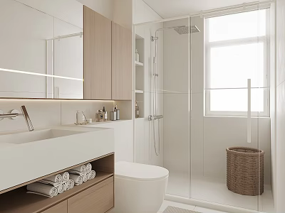 Modern Bathroom Interior Design With White Vanity Large Mirror Glass Shower Toilet And Wicker Basket 3d model