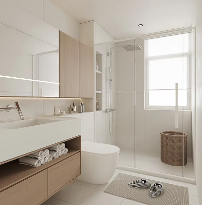 Modern Bathroom Interior Design With White Vanity Large Mirror Glass Shower Toilet And Wicker Basket 3d model