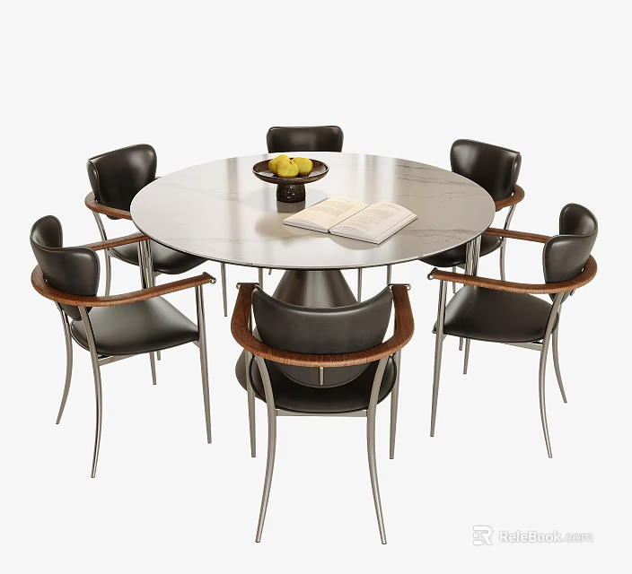 Round Dining Table With Six Black Chairs Wooden Armrests Metal Legs Fruit Bowl Open Book 3d model 