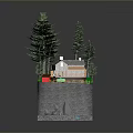 3D Model Small House Scene Surrounded by Pine Trees with Rocky Base and Water Area