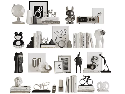 Stylish Decorative Ornament Set With Globe Picture Frames Rabbit Figurine Books And Bicycle Model 3d model
