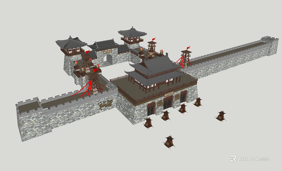Ancient Chinese Architecture Complex Featuring City Walls Gate Towers Traditional Roofs and Flags 3d model 