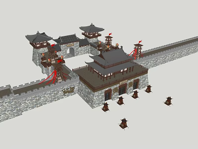 Ancient Chinese Architecture Complex Featuring City Walls Gate Towers Traditional Roofs and Flags 3d model
