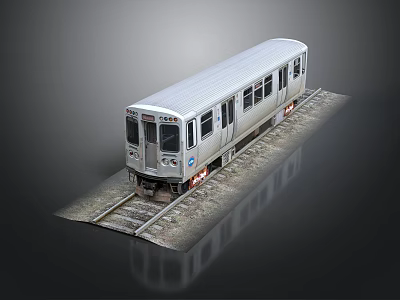 Silver Train Model on Railway Track with Multiple Windows Front View Dark Background 3d model