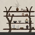 Natural Wooden Branch Shelf With Multiple Layers Displaying Ceramic Vases And Decorative Items