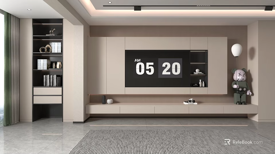 Modern TV Wall Interior Design with Built-in Cabinets and Decorative Elements 3d model