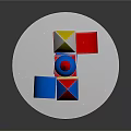 Colorful Geometric Building Blocks Tower On White Circular Base With Yellow Edge