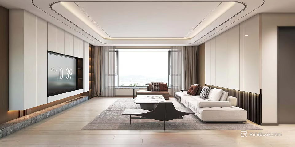 Modern Open Living Dining Room Interior With Large Window TV Sofa Coffee Table And Area Rug 3d model 