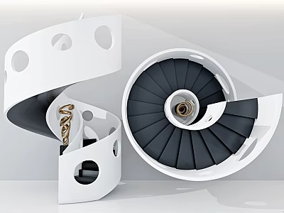Modern Spiral Staircase with White Structure Circular Cutouts and Dark Steps 3d model