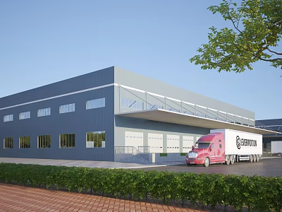 Industrial Factory Building With Blue Gray Exterior Large Windows Delivery Truck And Green Hedge 3d model