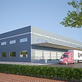 Industrial Factory Building With Blue Gray Exterior Large Windows Delivery Truck And Green Hedge