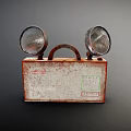 Vintage Metal Box With Two Round Lamps Rusty Surface And Sticker Details On Old Case