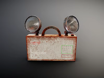 Vintage Metal Box With Two Round Lamps Rusty Surface And Sticker Details On Old Case 3d model