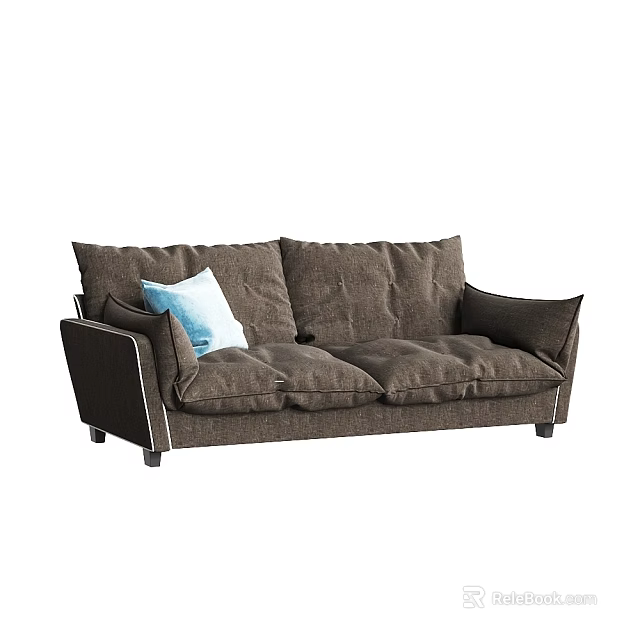 Modern Brown Fabric Two Seater Sofa With Light Blue Cushion 3d model 