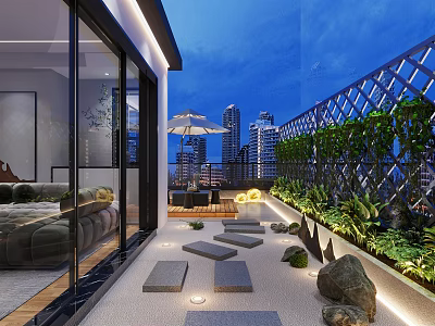 Roof Garden Design With Lush Plants Seating Area Stone Path And City Night View 3d model