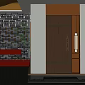 Modern Restaurant Entrance With Brick Wall Decorative Slots Green Plants Red Counter And Wooden Door