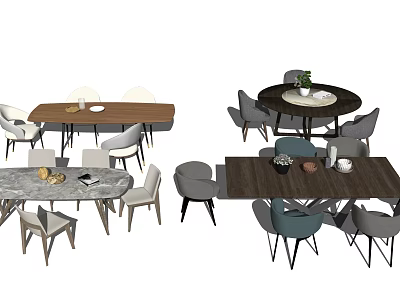 Modern Dining Table Set Featuring Round Rectangular Wooden Tables Upholstered Chairs and Decorative Items 3d model