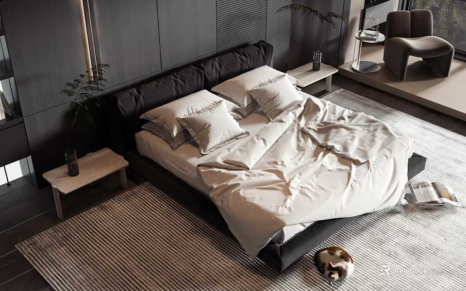 Modern Minimalist Double Bed With Black Leather Headboard White Bedding And Striped Rug 3d model 