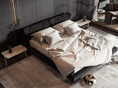 Modern Minimalist Double Bed With Black Leather Headboard White Bedding And Striped Rug 3d model